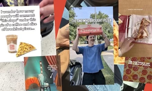 Collage of Acadia's Gen-Z Casey's pizza content on TikTok and Instagram, including a creator holding a Casey's pizza box overhead