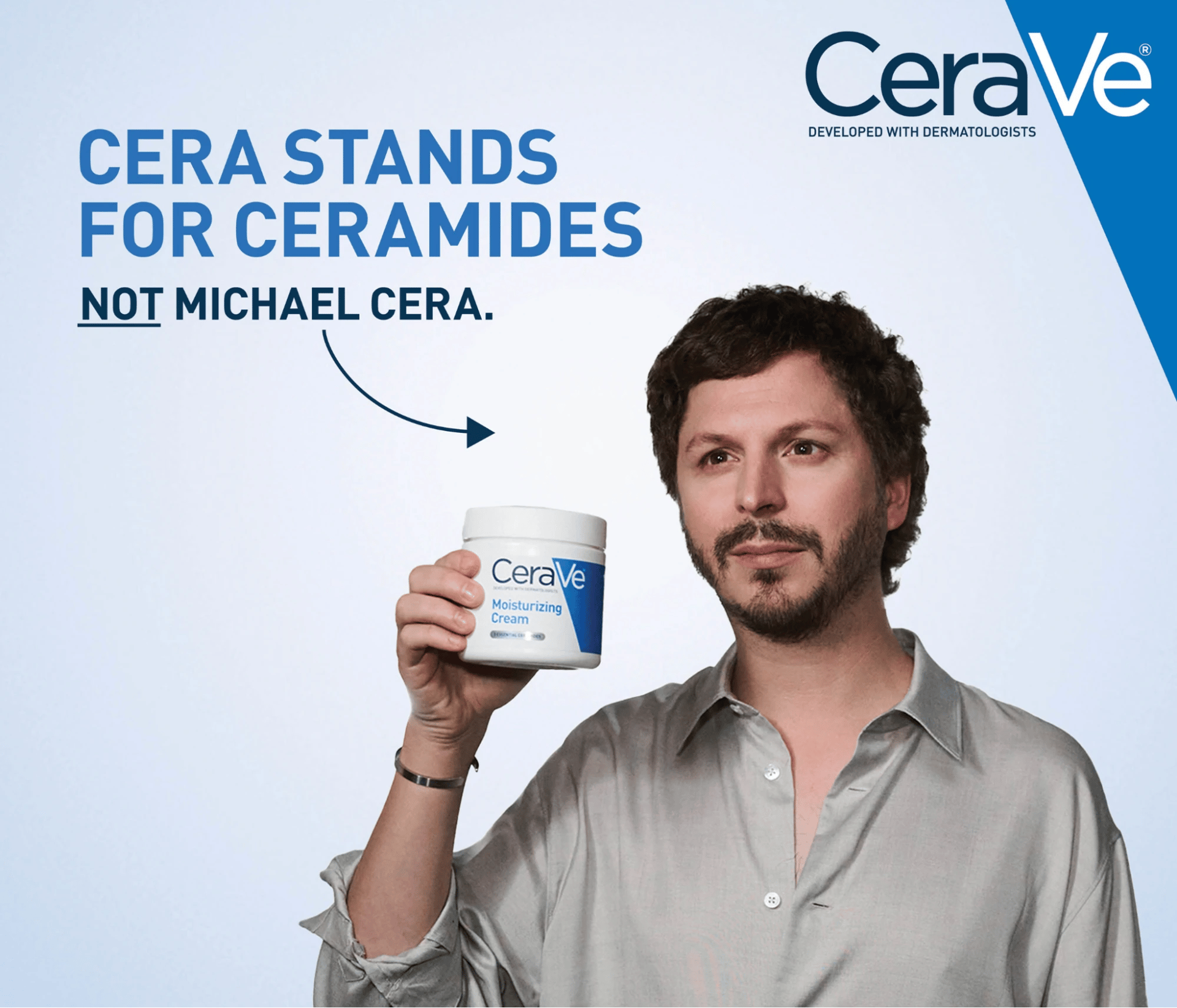 CeraVe Super Bowl ad with Michael Cera holding Moisturizing Cream under the line "Cera stands for ceramides"
