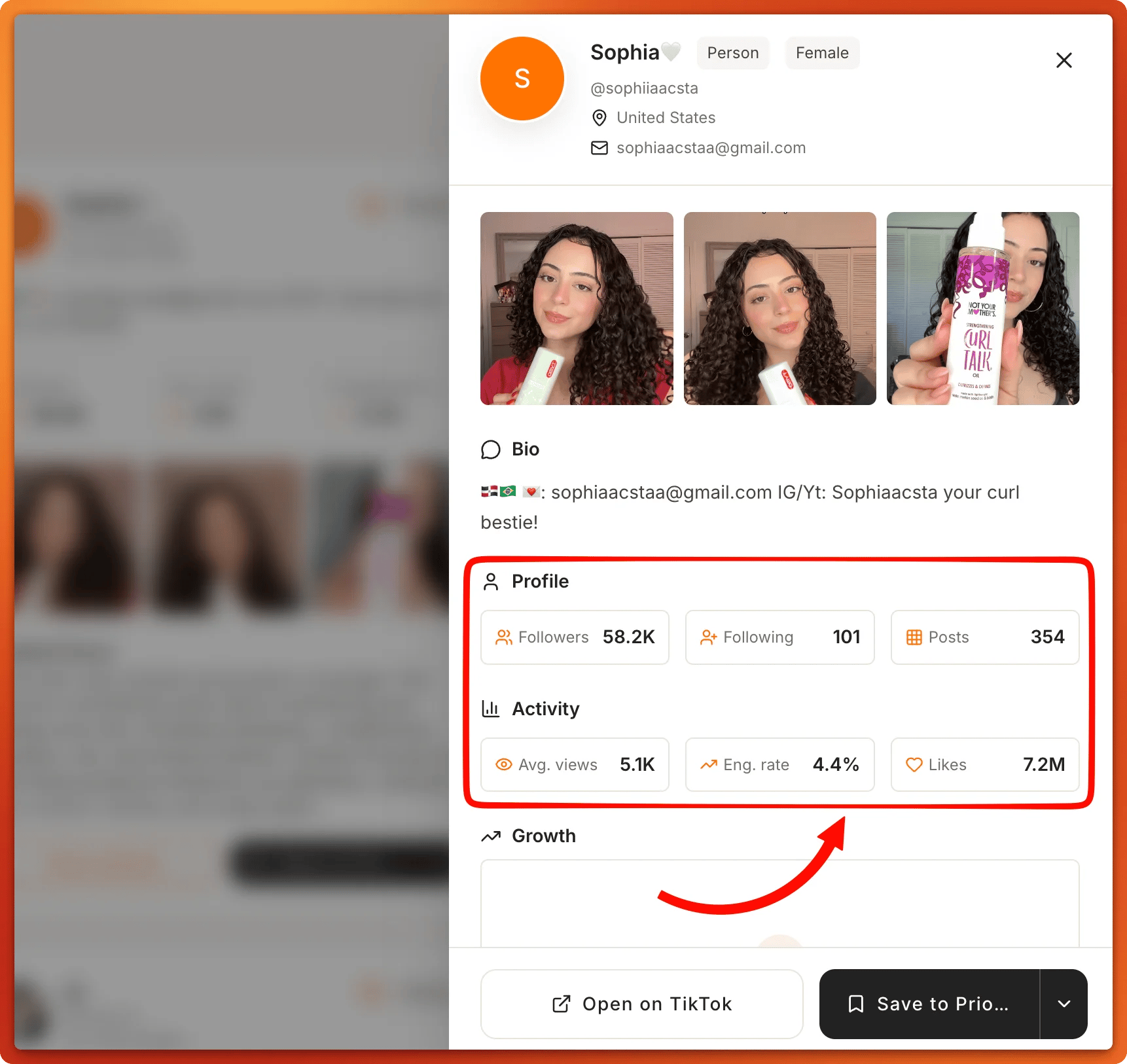 Tiger Finder profile of a US curly hair creator with 58.2K followers, 5.1K average views and a 4.4% engagement rate