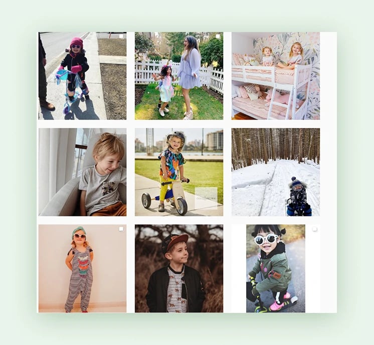 Instagram grid of micro-influencer photos showing children in Deux par Deux clothing