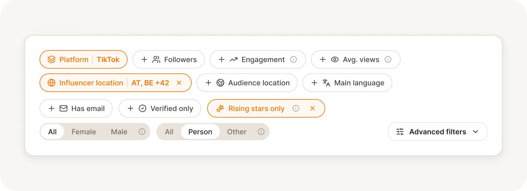 Tiger Finder search filters for platform, followers, engagement, location, and language