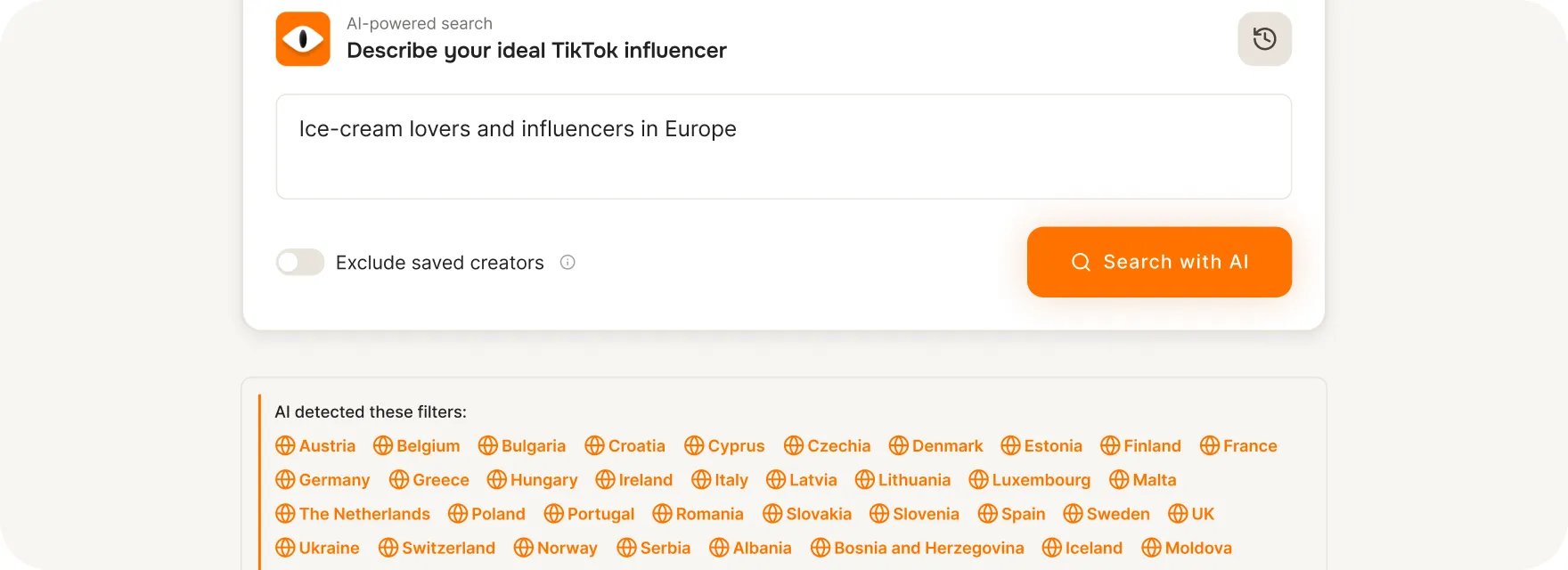 Tiger Finder AI search with a plain English query and detected location filters