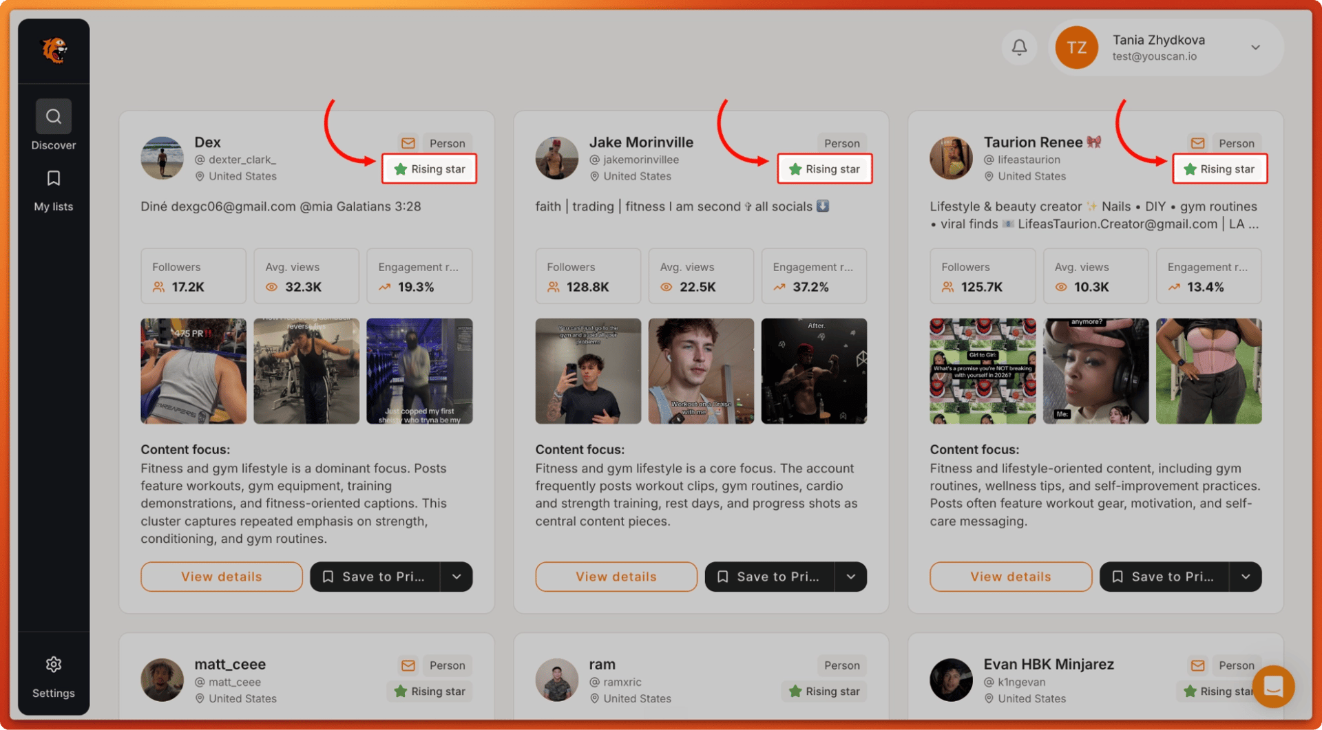 Tiger Finder search results where every TikTok creator card carries a Rising star badge