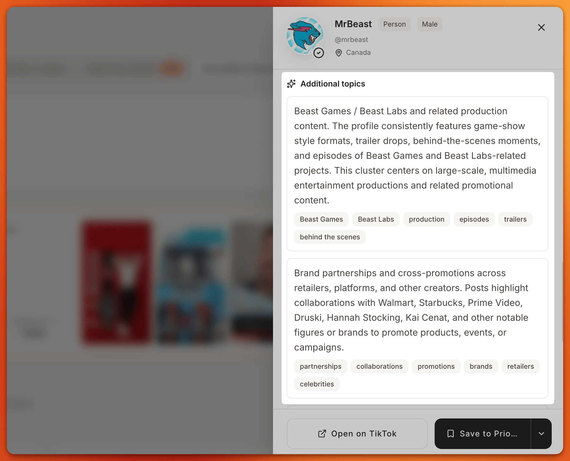 Tiger Finder Additional topics panel listing a creator’s themes, including game-show productions and brand partnerships