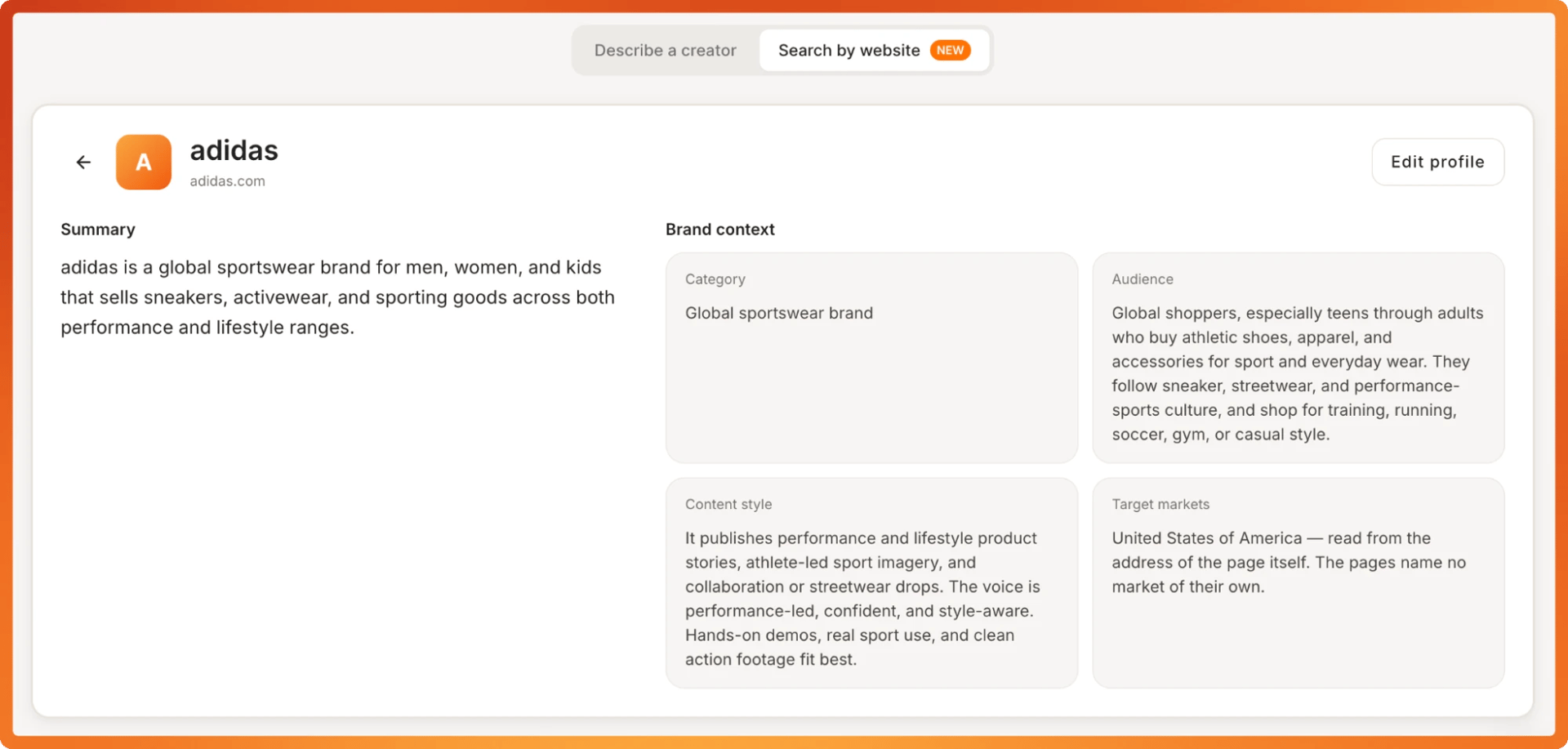 Tiger Finder brand profile for adidas: global sportswear brand, sneaker and streetwear audience, United States target market.