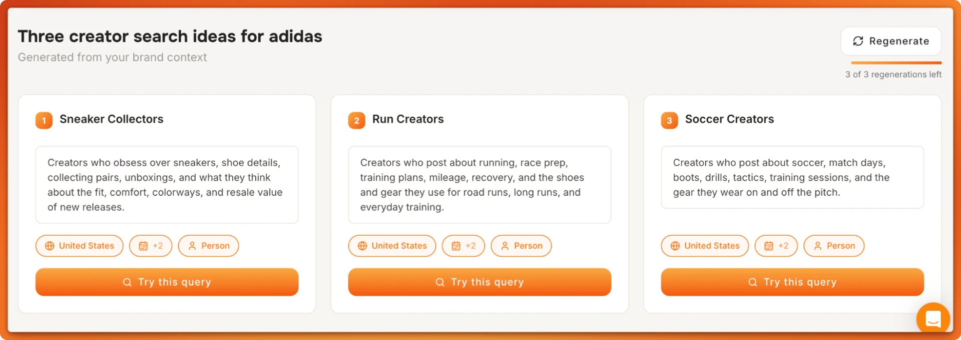 Tiger Finder creator search ideas for adidas: Sneaker Collectors, Run Creators and Soccer Creators, each with US filters.