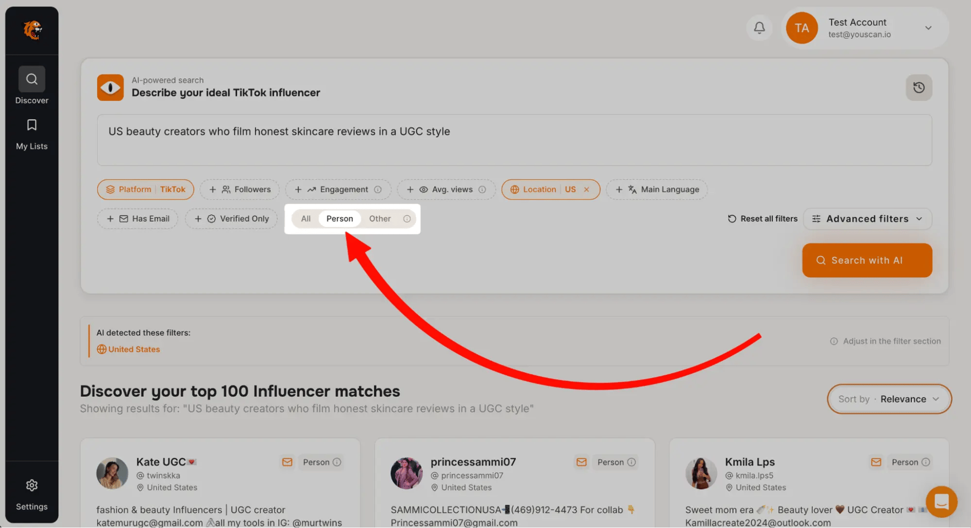 Tiger Finder interface highlighting the Person filter that uses the AI Profile Classifier to screen out business accounts