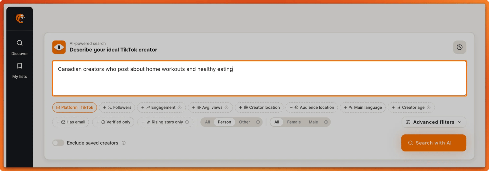 Tiger Finder AI search bar with the query Canadian creators who post about home workouts and healthy eating
