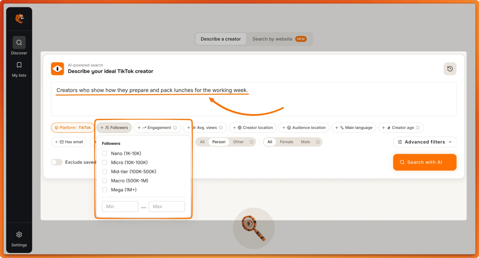 Tiger Finder AI search for lunch-packing creators with the Followers filter open: nano, micro, mid-tier, macro, mega