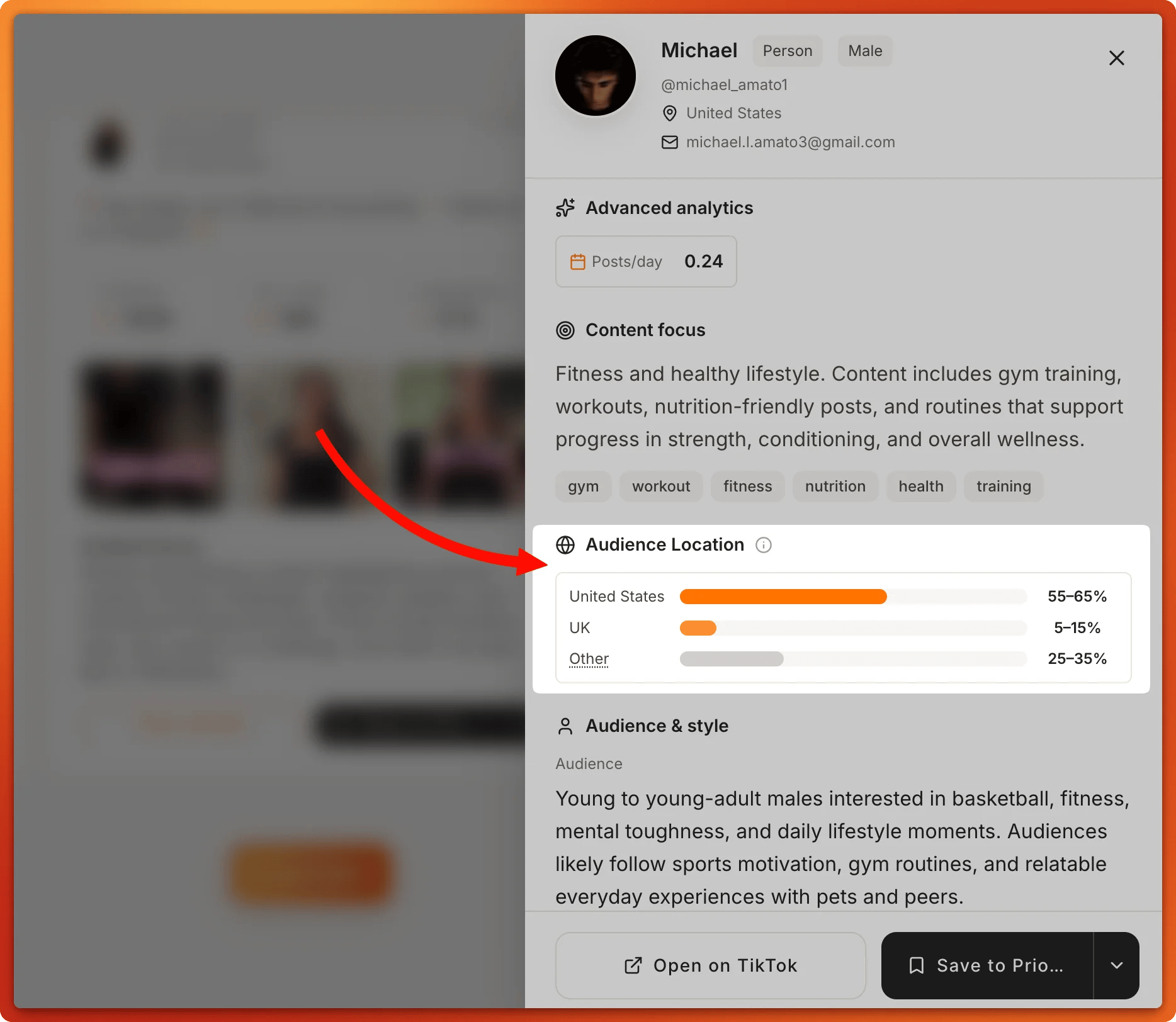 Tiger Finder audience location for a US fitness creator, showing 55-65% United States, 5-15% UK and 25-35% other