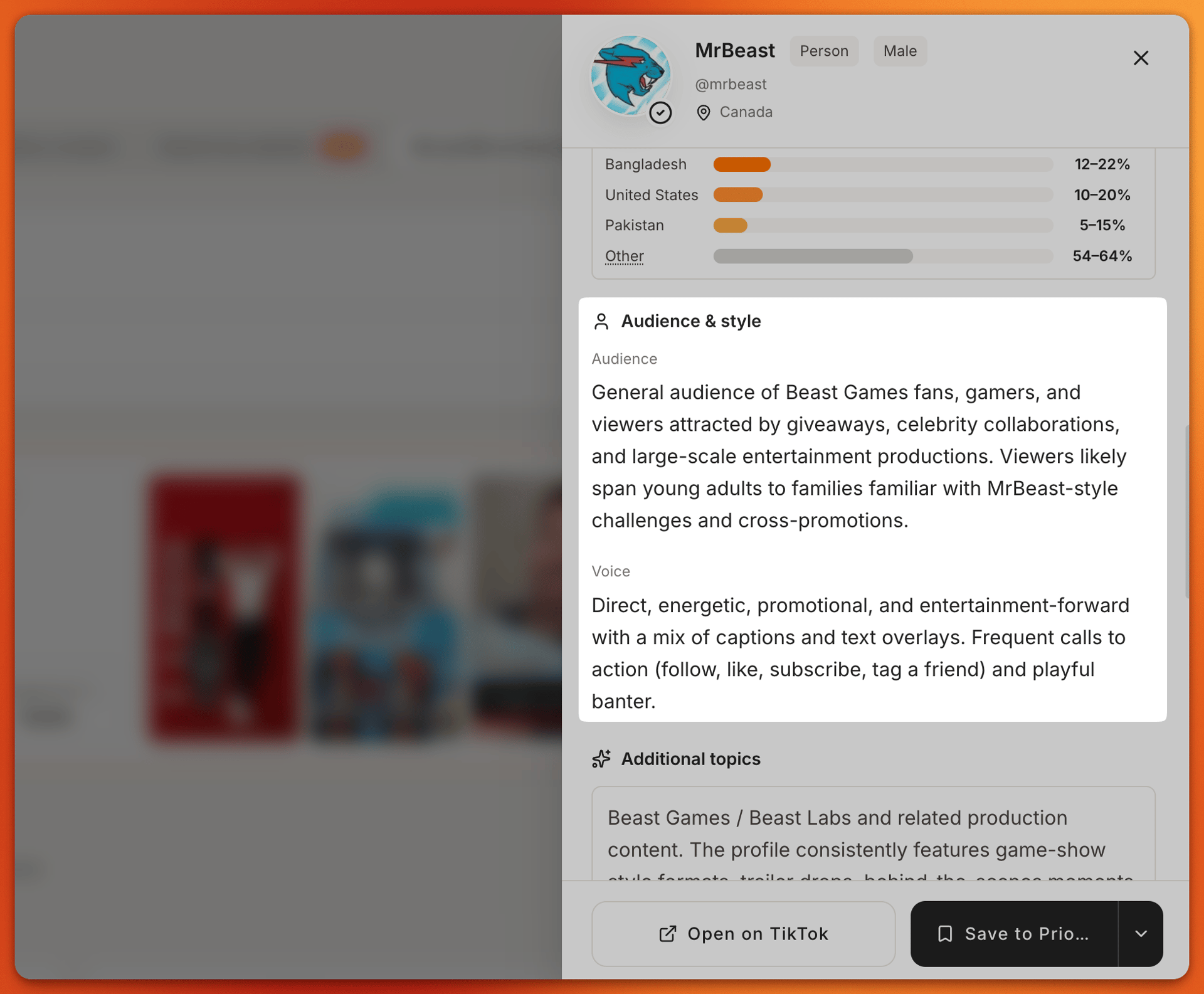 Tiger Finder Audience & style section describing a creator’s gamer and giveaway-fan audience and energetic, promotional voice