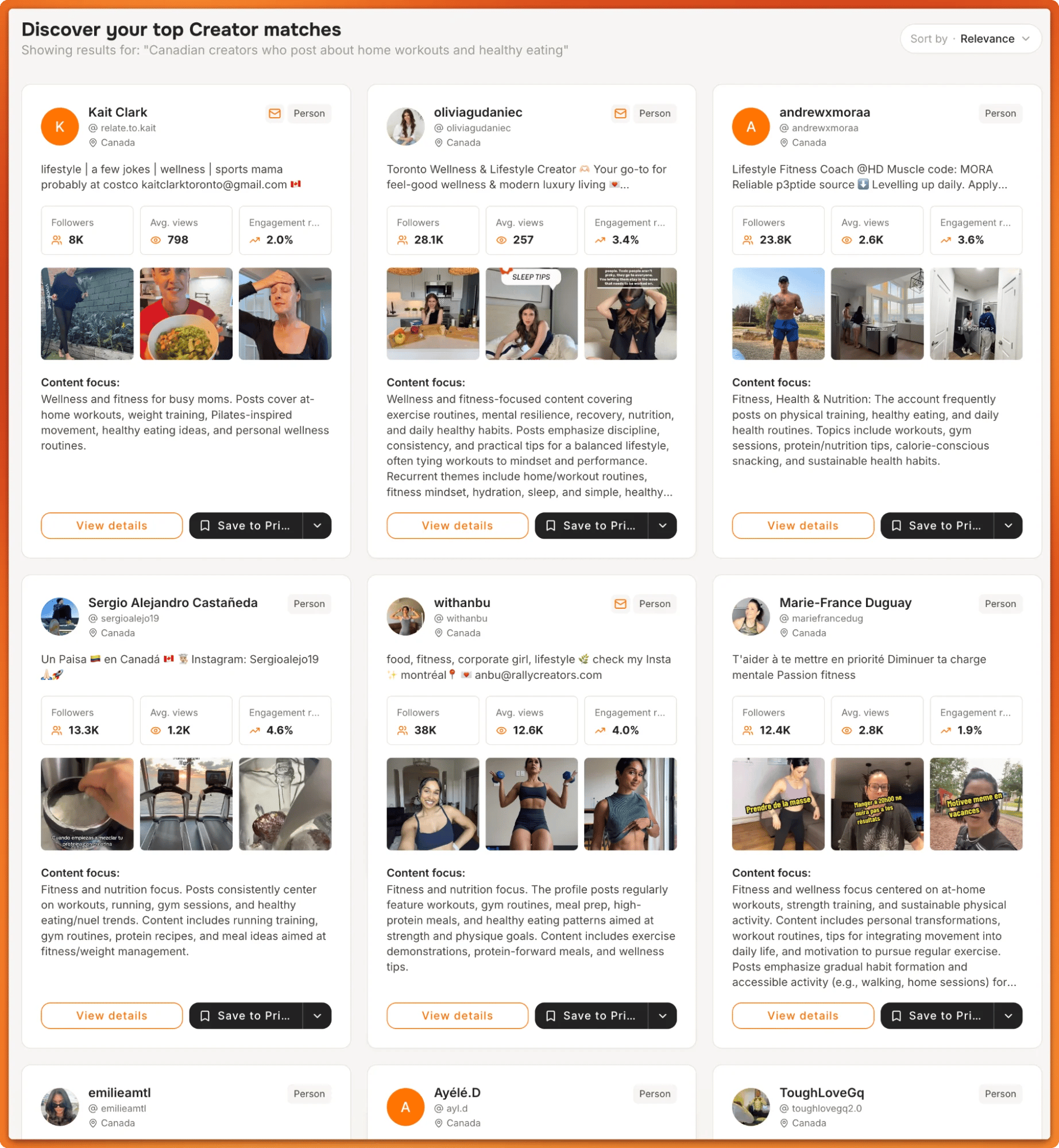 Tiger Finder results for Canadian home workout creators, with cards showing followers, average views and engagement rate