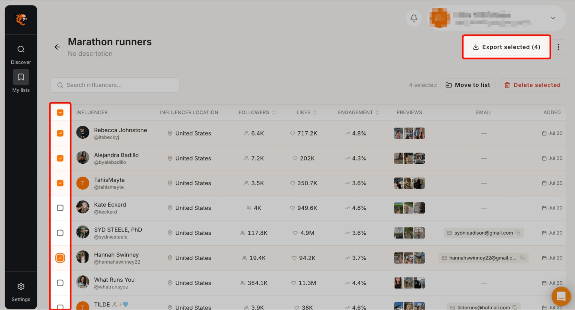 Tiger Finder shortlist of marathon runner creators with four selected and the export button highlighted