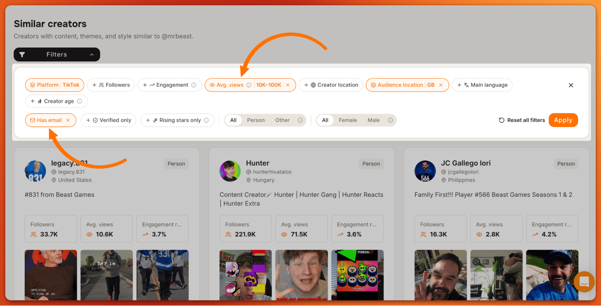 Tiger Finder Similar creators filters with Audience location set to UK and a minimum audience share of 20%
