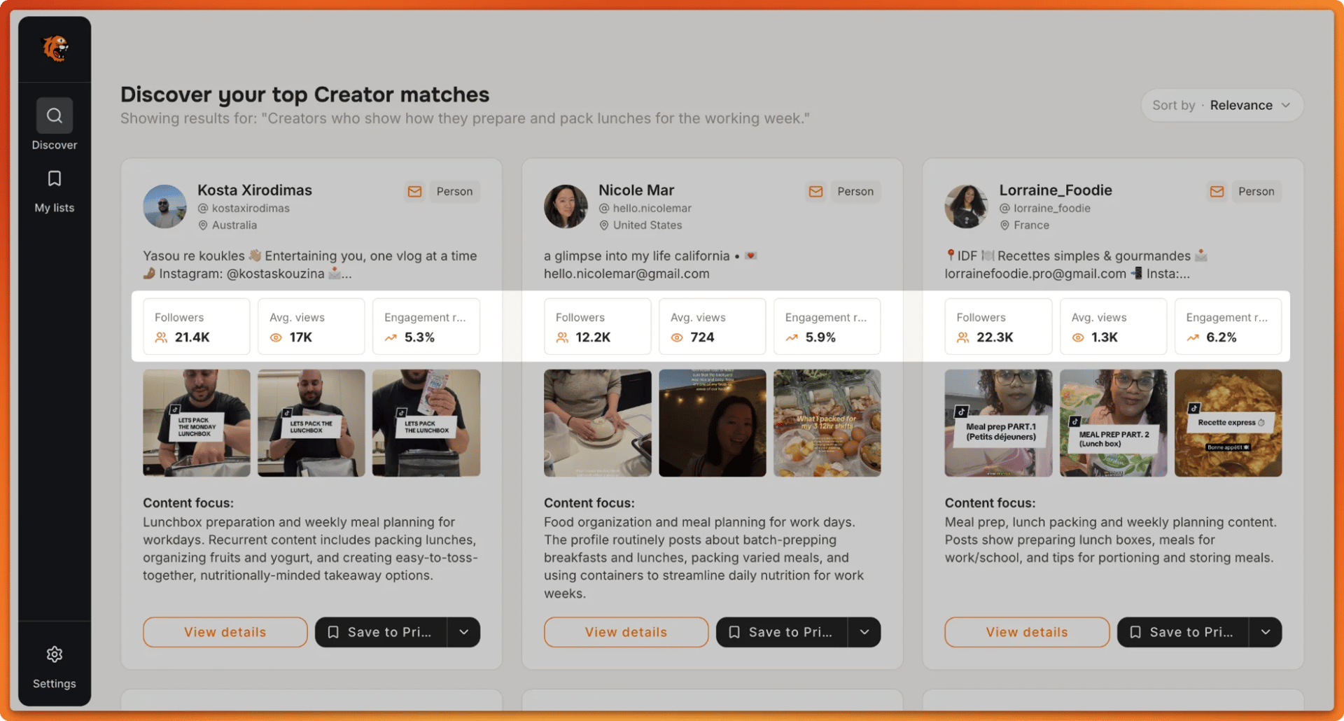 Tiger Finder lunch-packing creator matches: 12.2K to 22.3K followers, 724 to 17K avg views, 5.3% to 6.2% engagement