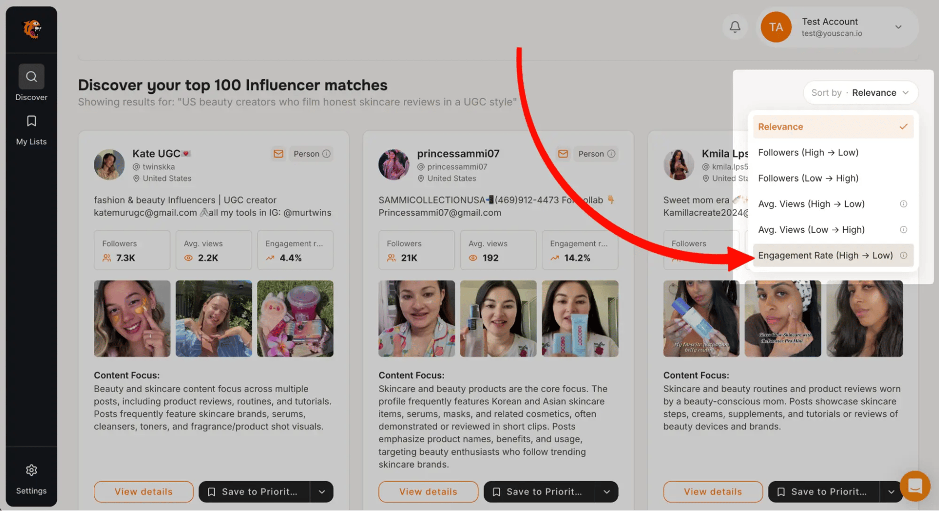 Tiger Finder results page showing creator cards with engagement rate and a dropdown set to sort by engagement rate