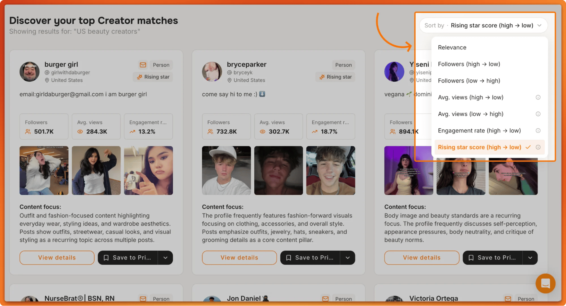 Tiger Finder results for US beauty creators sorted by Rising star score, with Rising star badges on creator cards