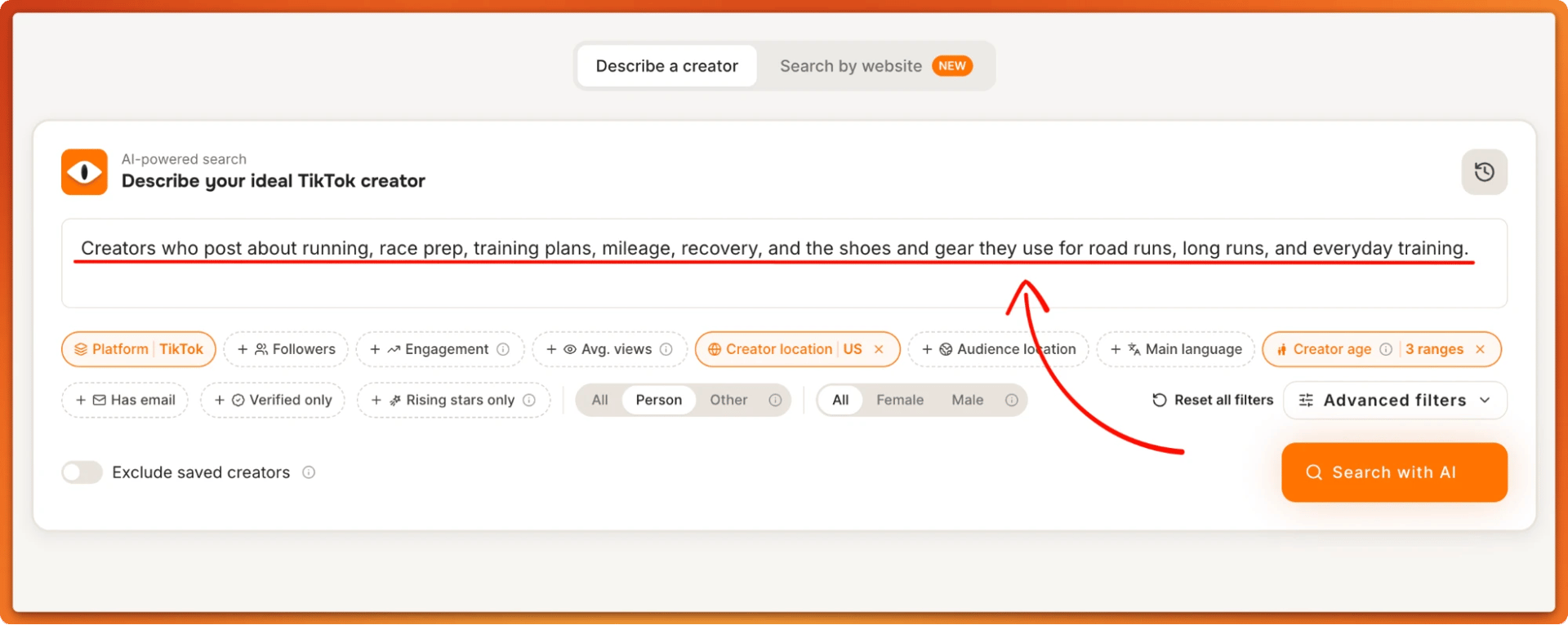 Tiger Finder TikTok creator search with a running creator query and filters for US creator location, 3 age ranges and Person.