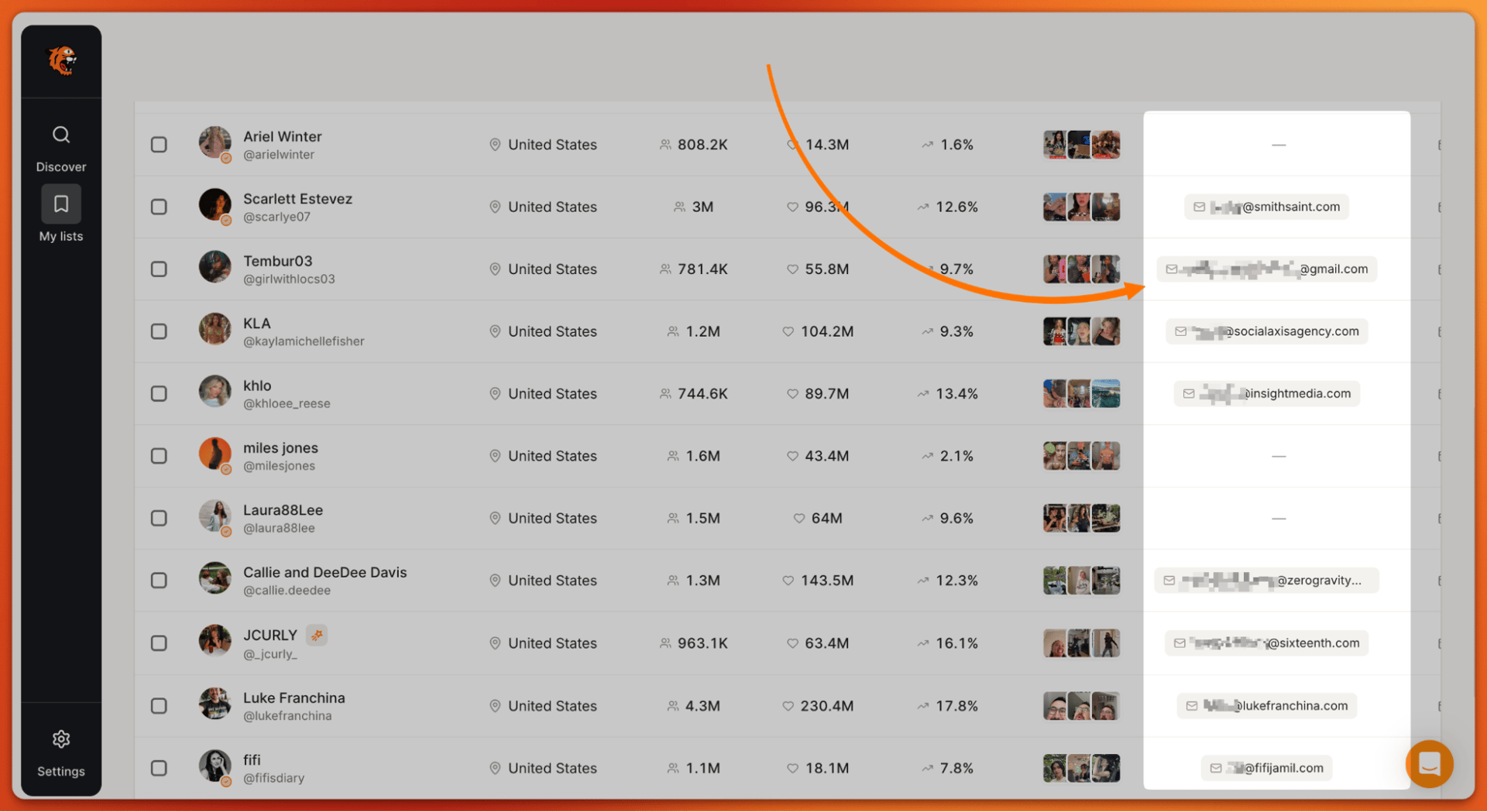 Tiger Finder saved list of US TikTok creators showing followers, likes, engagement rate and highlighted contact emails
