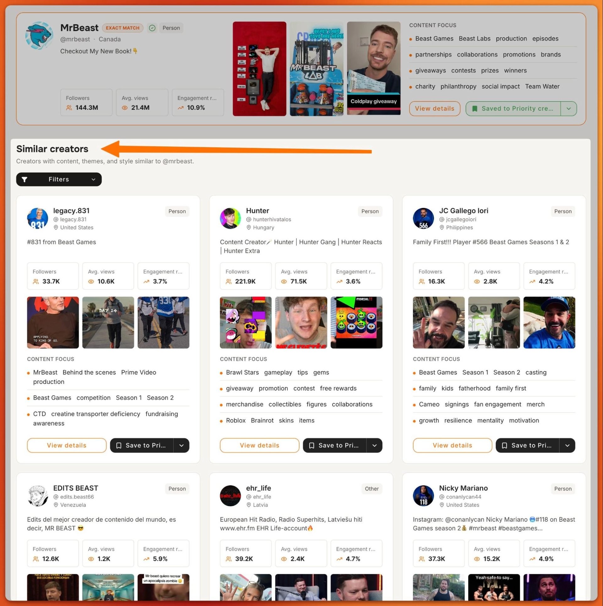 Tiger Finder Similar creators results under a vetted profile, showing lookalike TikTok creators’ followers and avg. views