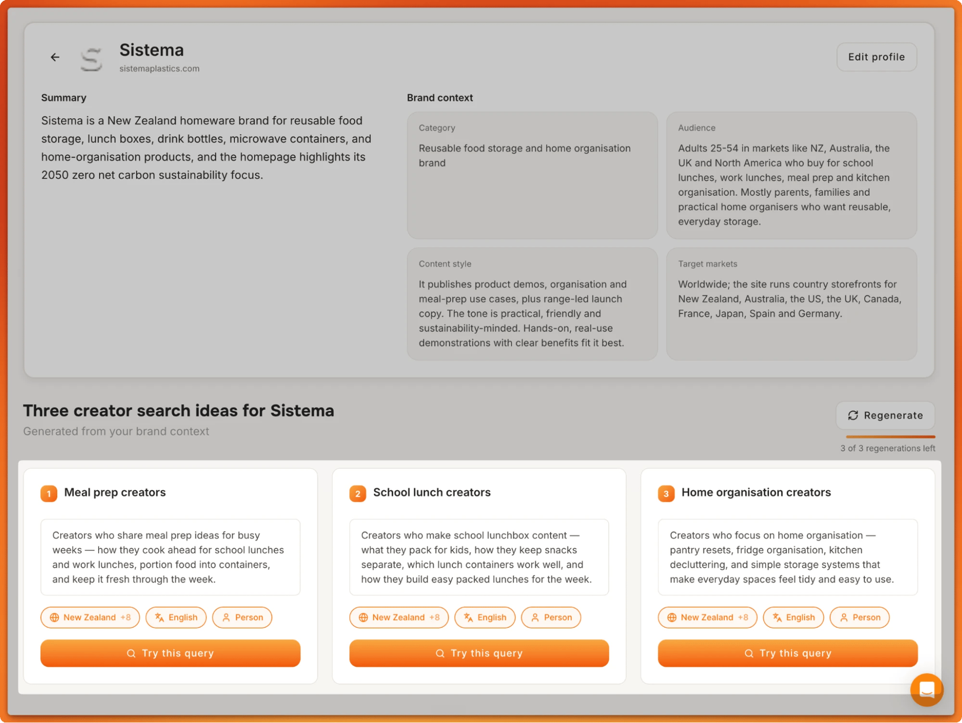 Tiger Finder brand profile for Sistema with three TikTok creator search ideas: meal prep, school lunch and home organisation.