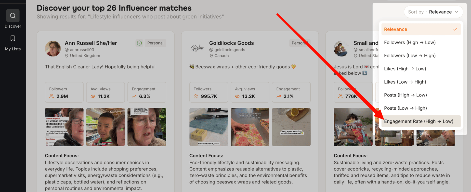 Tiger Finder sort menu filtering TikTok influencer matches by engagement rate from high to low for fair-rate benchmarking