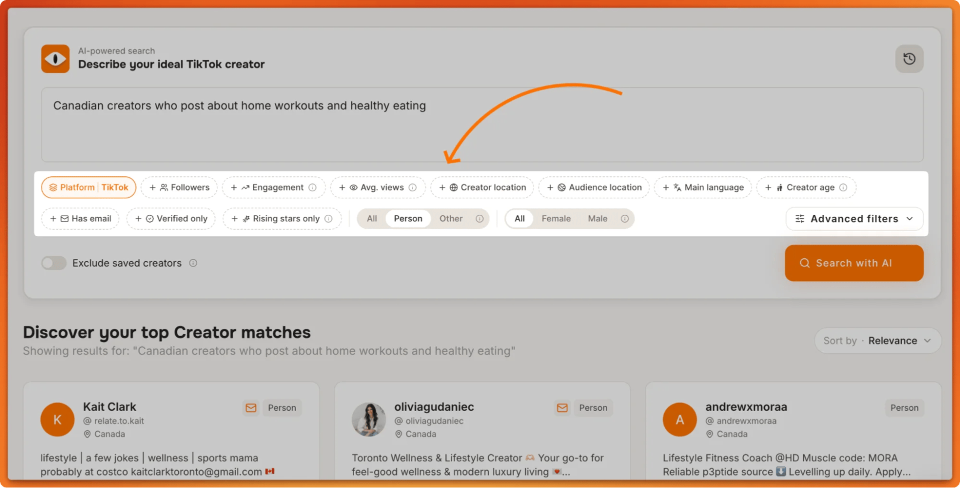 Tiger Finder search filters for followers, engagement, avg. views, creator location, audience location and creator age