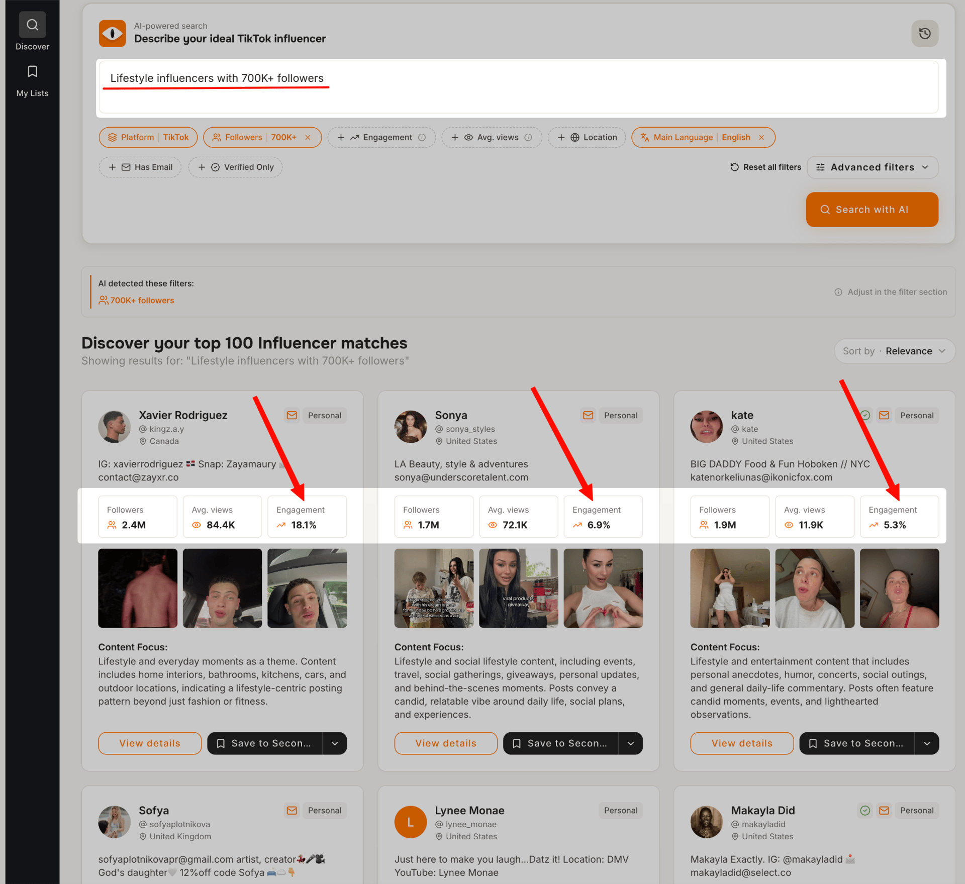 Tiger Finder dashboard showing TikTok influencer search results for lifestyle creators with 700K+ followers and engagement rate metrics