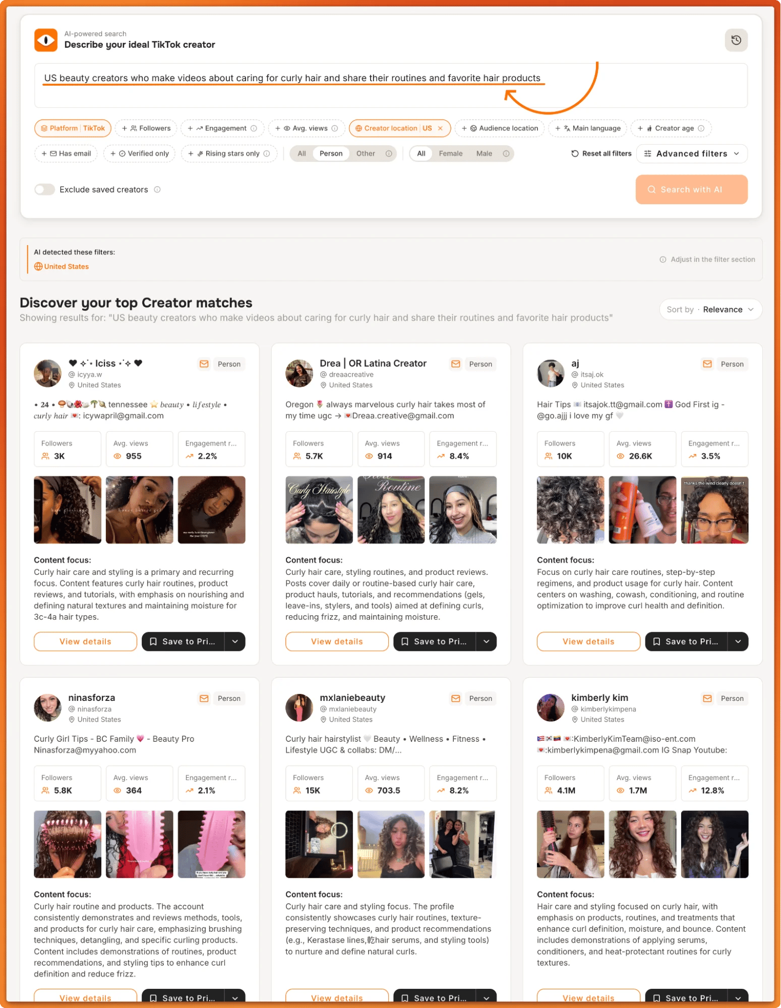 Tiger Finder AI search for US curly hair beauty creators, with the US location filter auto-detected and creator matches