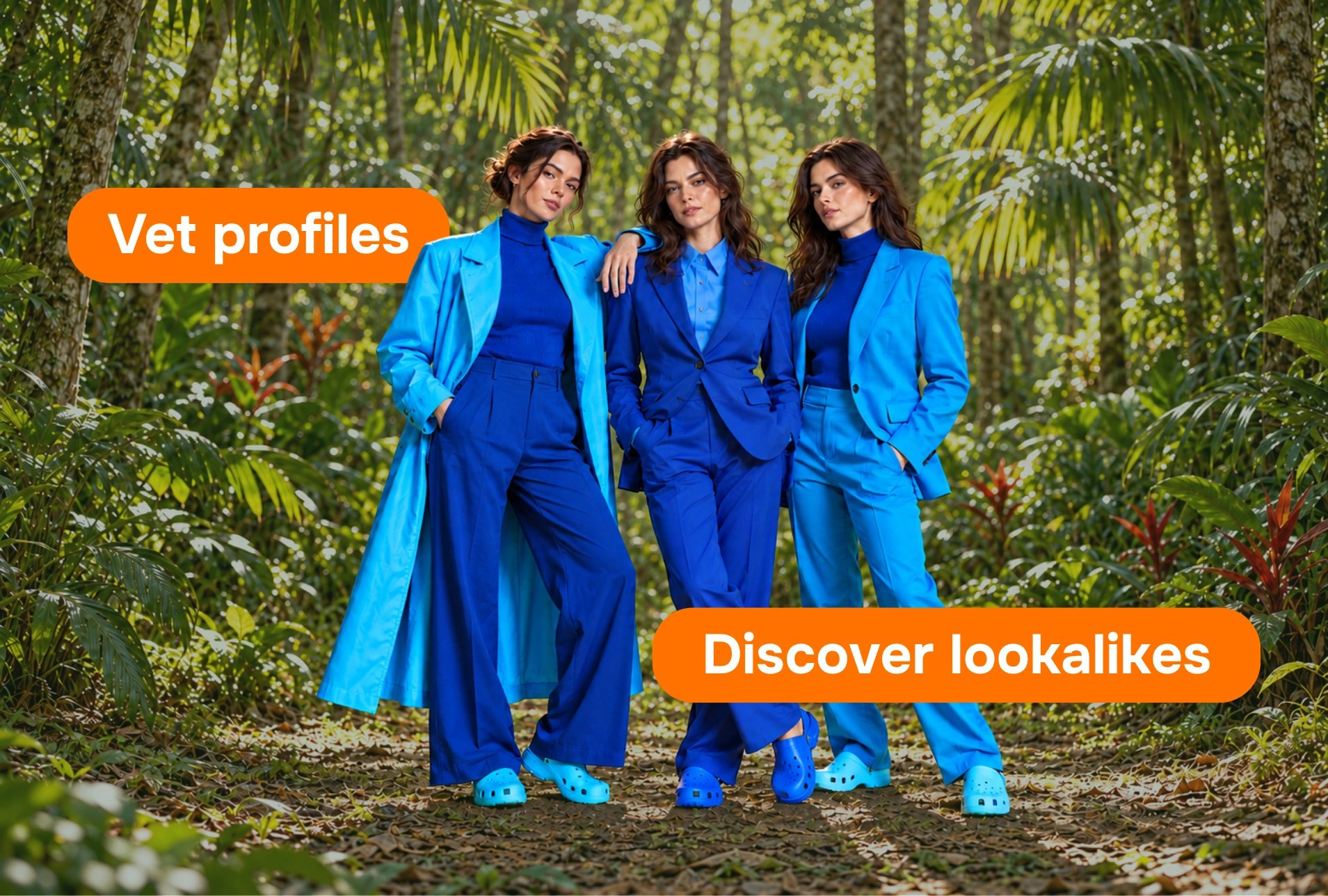 Tiger Finder cover with three similar-looking women in blue suits in a jungle, labeled Vet profiles and Discover lookalikes