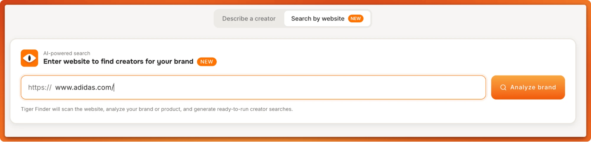 Tiger Finder Search by website field with www.adidas.com entered and an Analyze brand button to find TikTok creators.