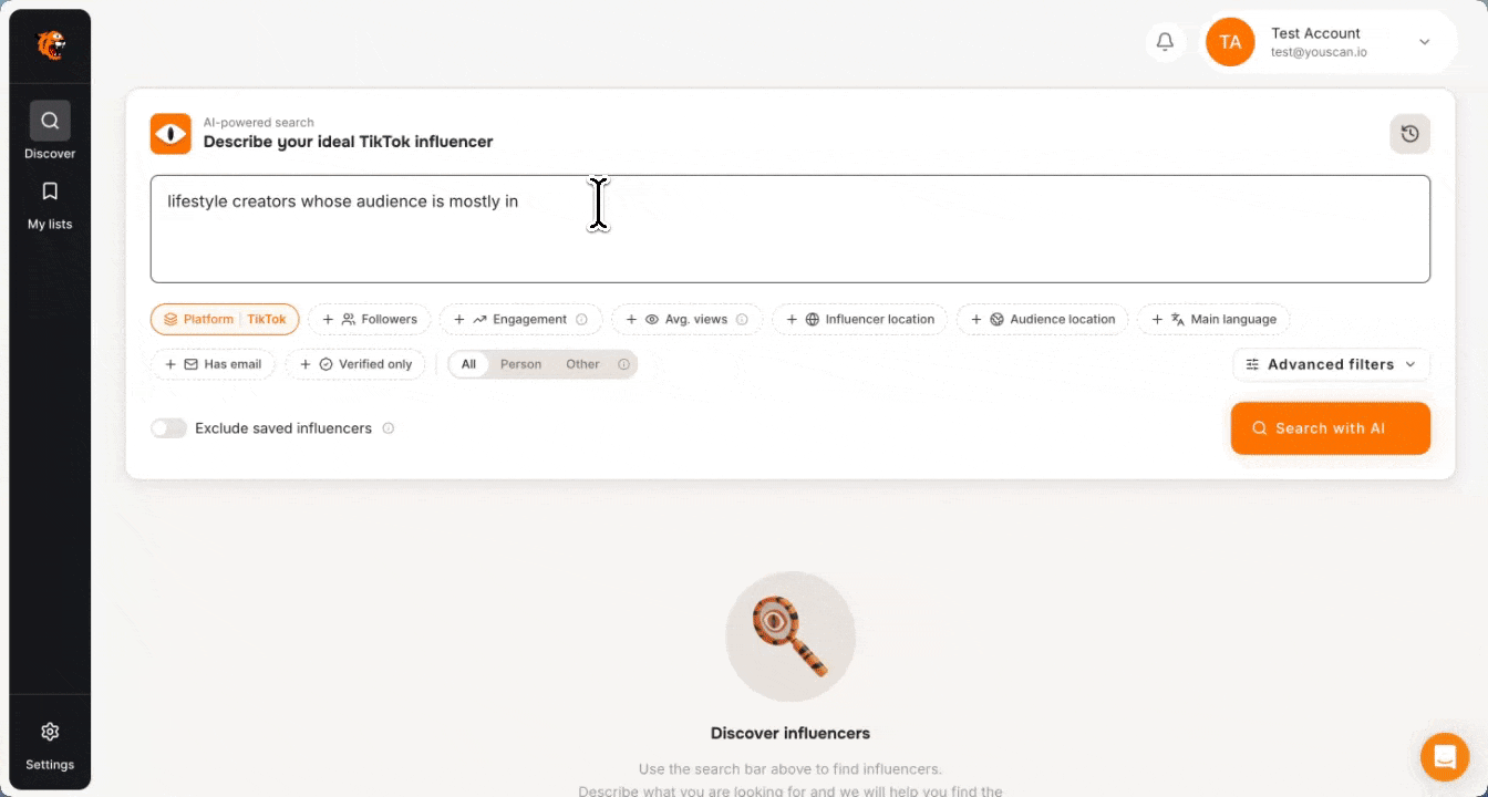Typing a natural language search in Tiger Finder to find TikTok creators whose audience is mostly in the US
