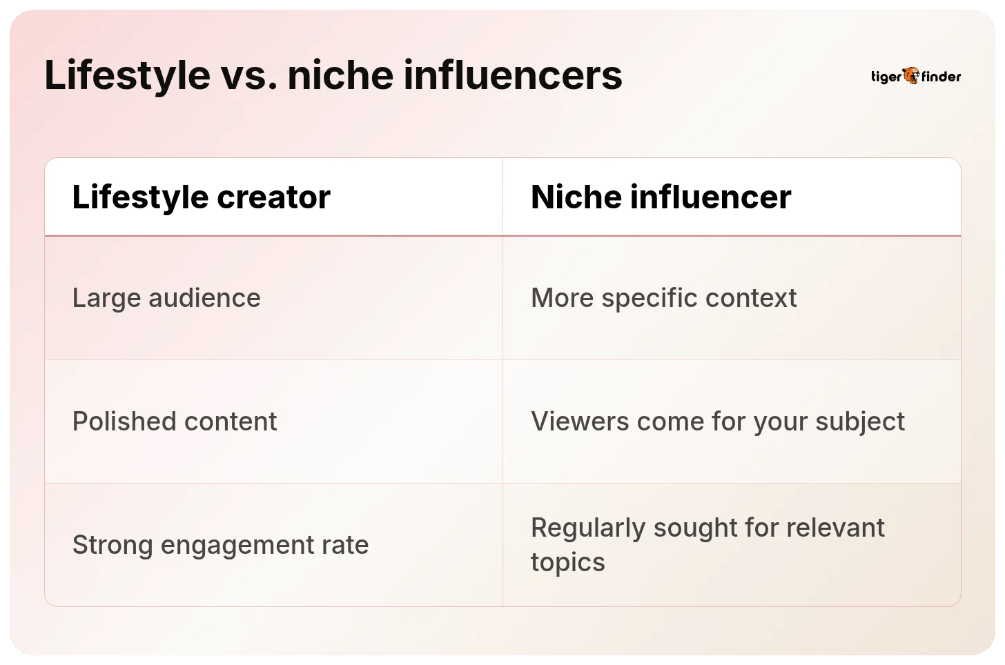 TikTok lifestyle vs. niche influencers table, large audience and polished content vs viewers who come for your subject