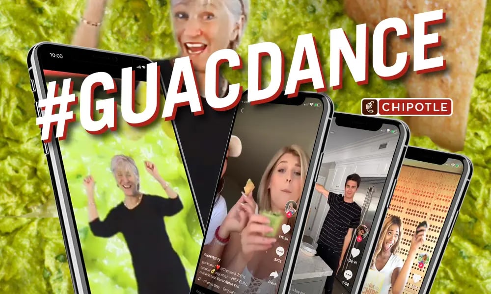 Promotional collage of phones playing #GuacDance TikTok videos against a guacamole background with the Chipotle logo