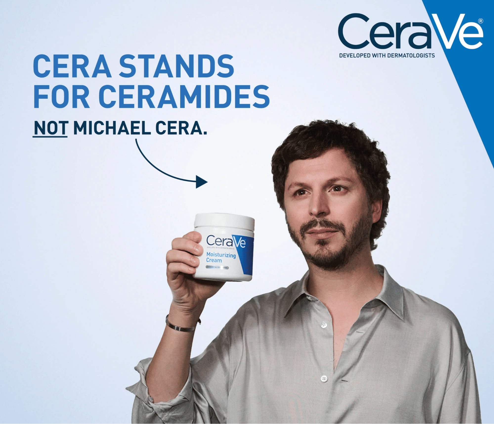 CeraVe Super Bowl ad with Michael Cera holding Moisturizing Cream under the line "Cera stands for ceramides"