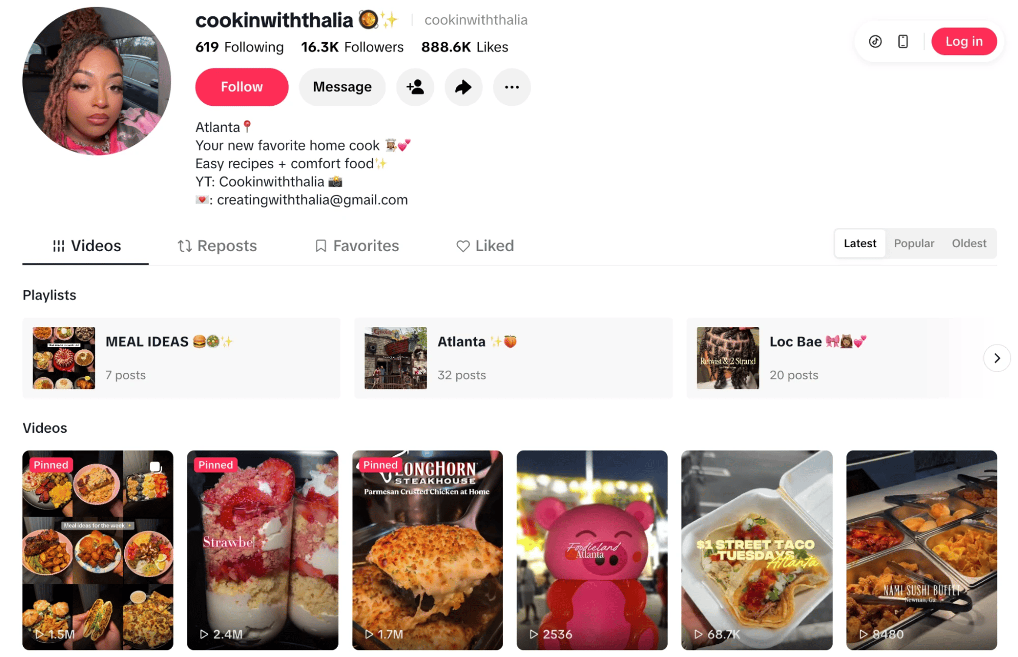 TikTok profile of Gen Z food creator @cookinwiththalia, an Atlanta home cook with 16.3K followers posting easy comfort food recipes