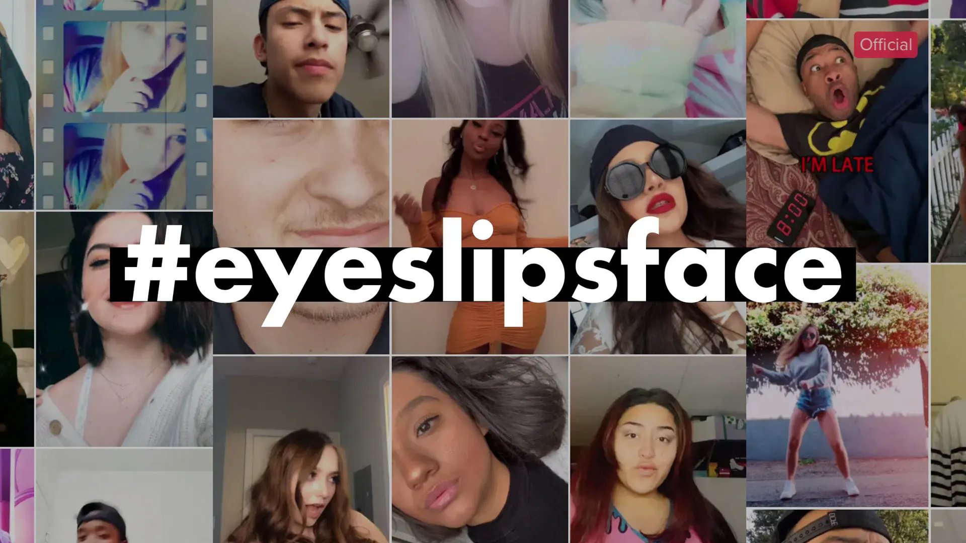 Grid of TikTok user videos behind the #eyeslipsface hashtag from the e.l.f. Cosmetics campaign