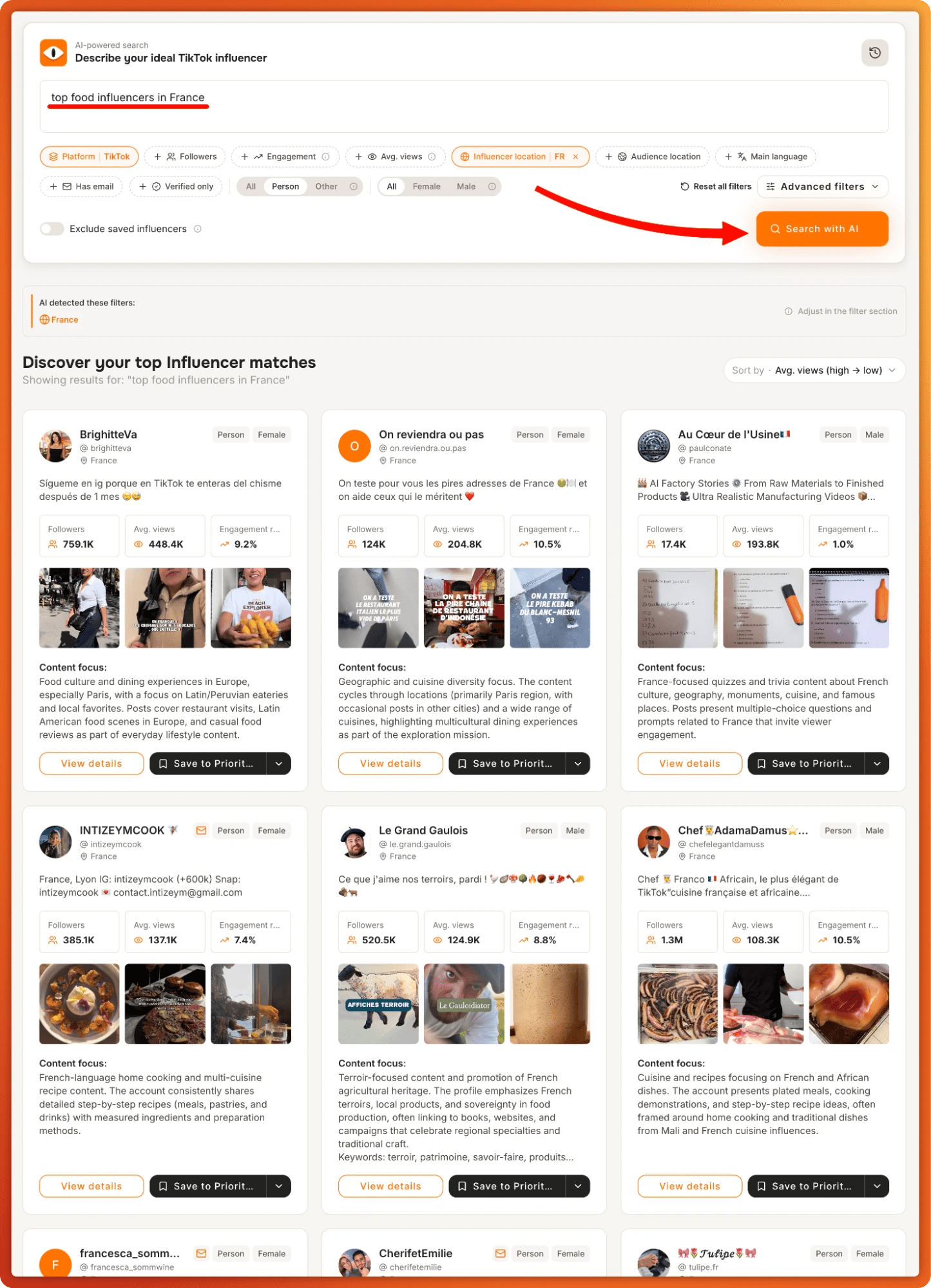 Tiger Finder search for top food influencers in France with influencer location set to FR