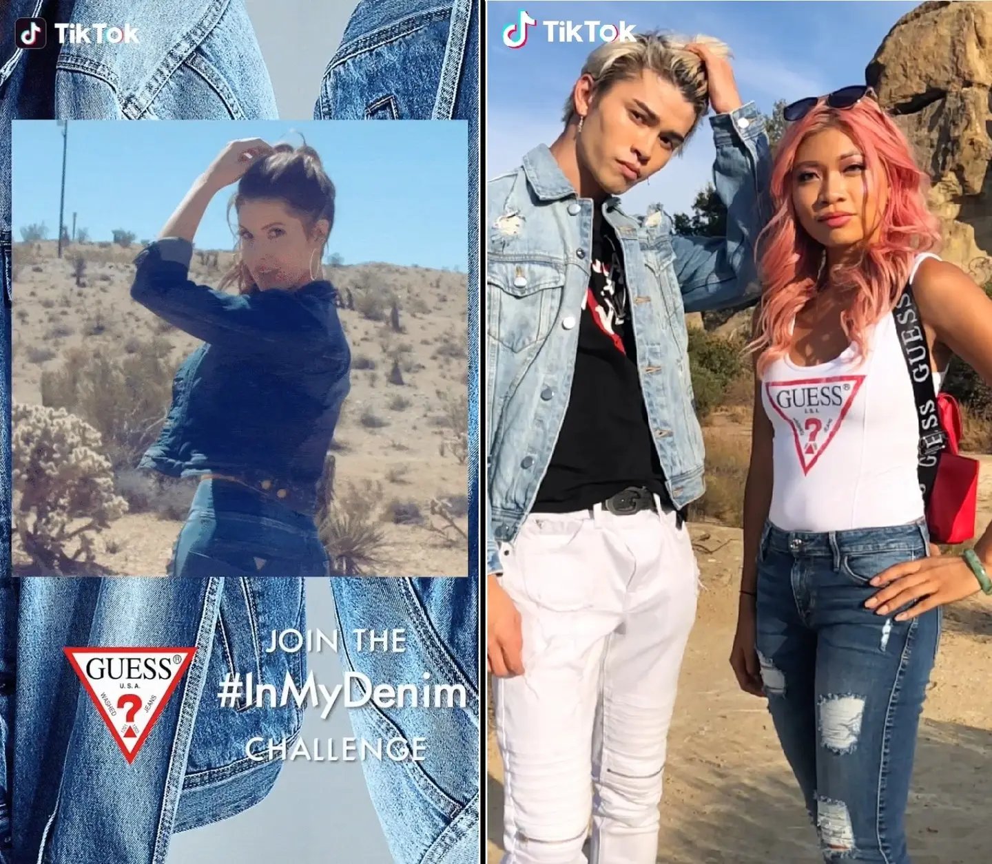 Two TikTok stills from the Guess #InMyDenim challenge featuring creators posing in denim outfits