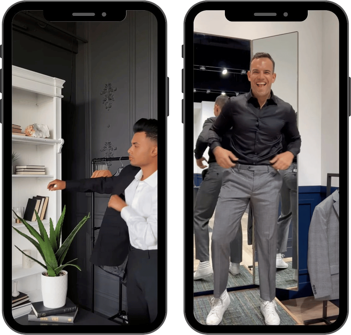 Two phone screens showing a creator trying on a suit during an in-store session at Tip Top Tailors
