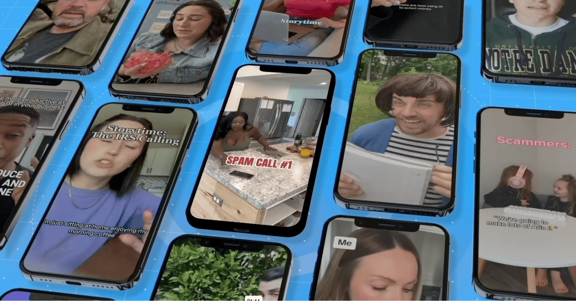 Grid of TikTok and Instagram videos from Moburst's Truecaller US spam-protection campaign featuring tech and lifestyle creators