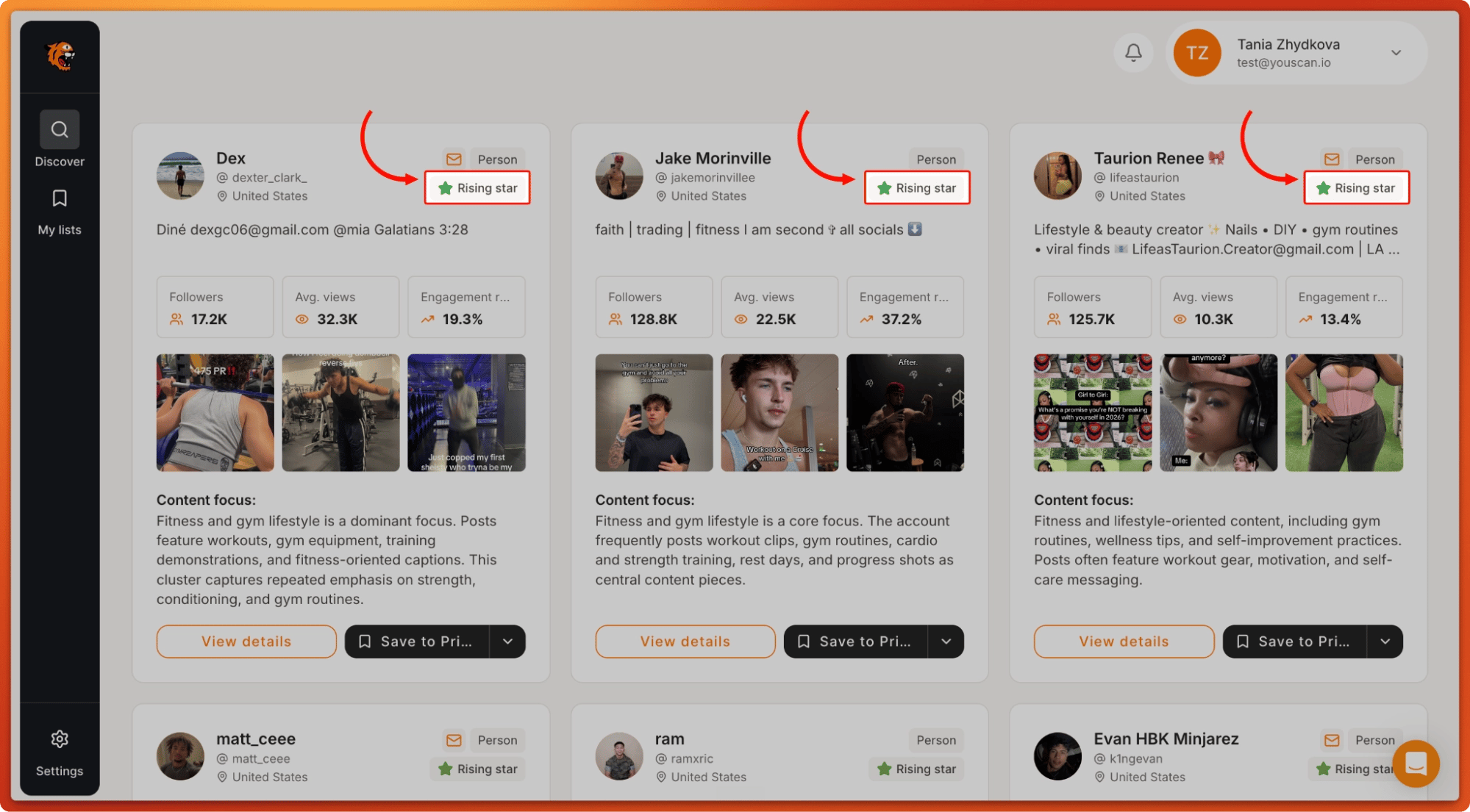 Tiger Finder search results where every TikTok creator card carries a Rising star badge