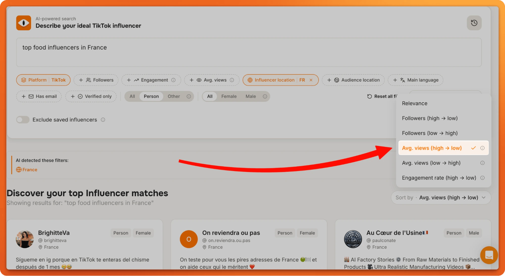 Sort by menu in Tiger Finder with average views high to low selected for a TikTok food influencer search