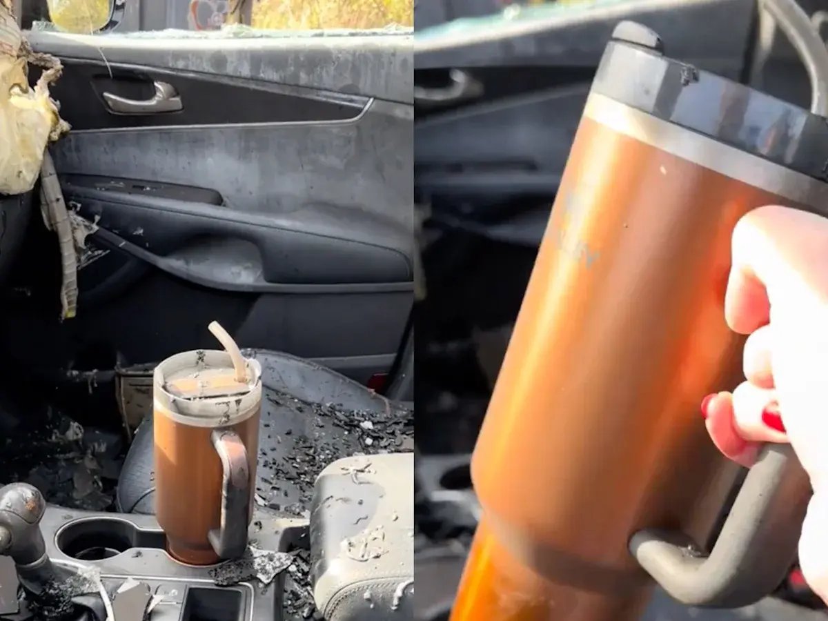 Two TikTok stills of a Stanley tumbler intact inside a burned-out car interior, with a creator holding the surviving cup
