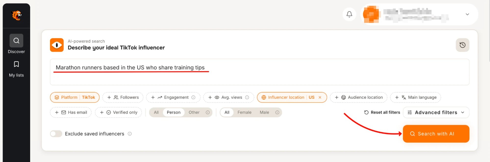 Tiger Finder search screen with the plain-language prompt "marathon runners based in the US who share training tips"