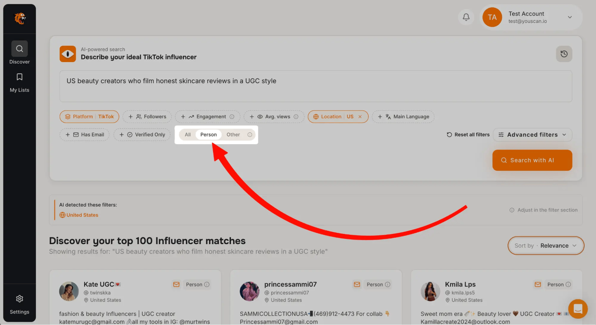 Tiger Finder interface highlighting the Person filter that uses the AI Profile Classifier to screen out business accounts