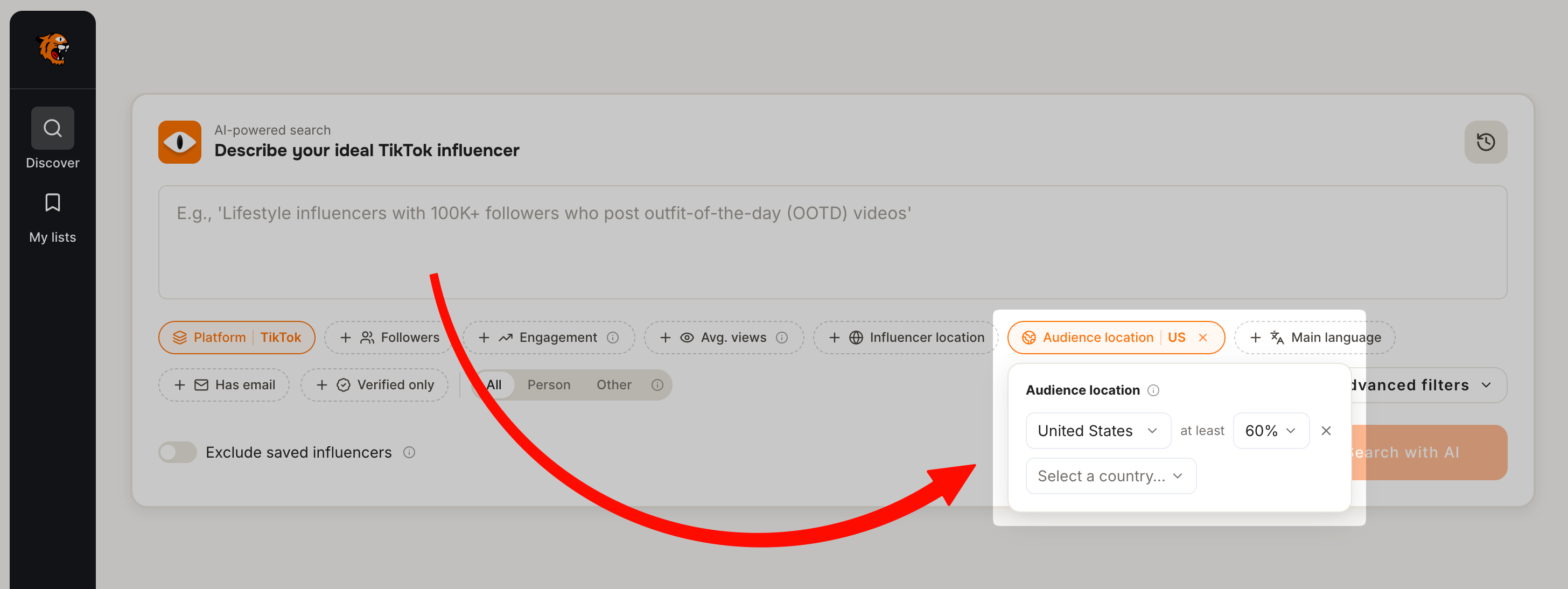 Tiger Finder Audience location filter set to at least 60% United States for TikTok creator search