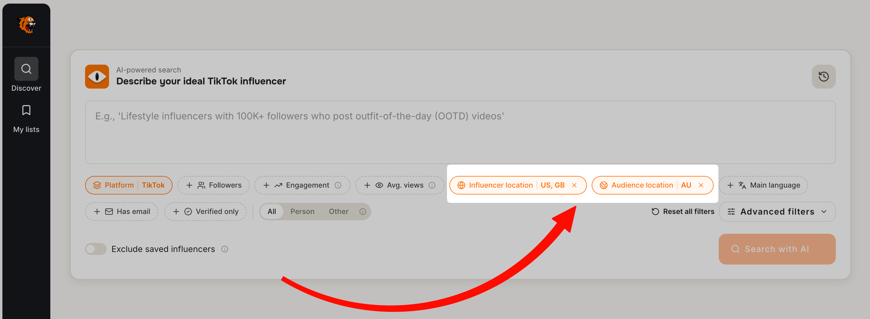 Tiger Finder showing Influencer location alongside Audience location filters for TikTok creators