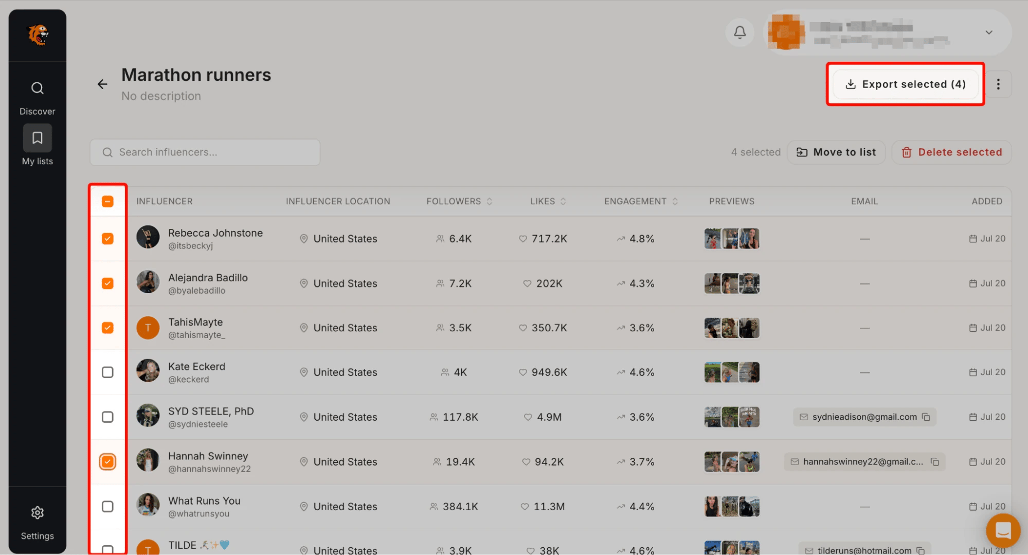 Tiger Finder shortlist of marathon runner creators with four selected and the export button highlighted