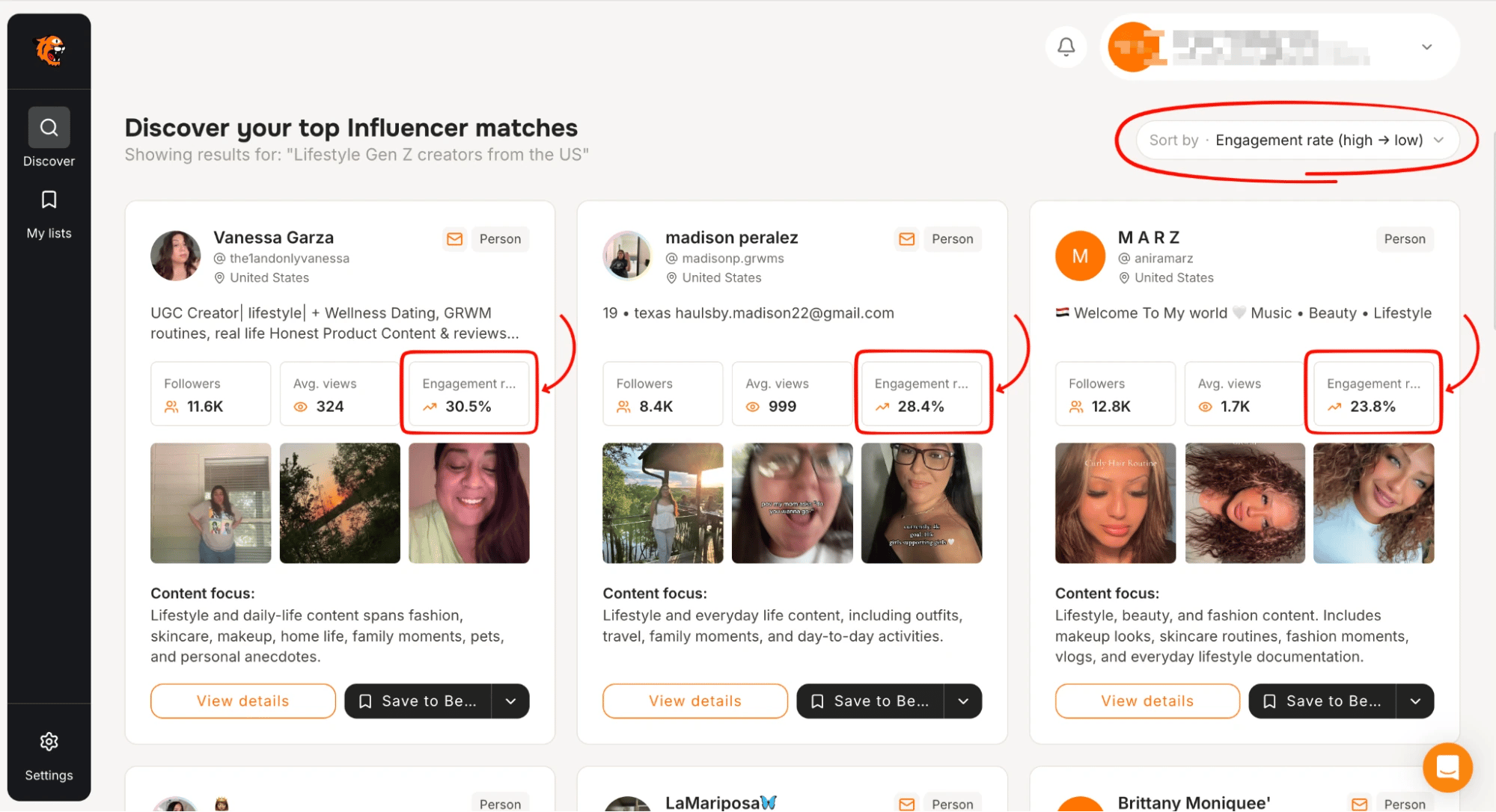 Tiger Finder results for "Lifestyle Gen Z creators from the US" sorted by engagement rate, showing creator cards with followers, average views, and engagement percentage